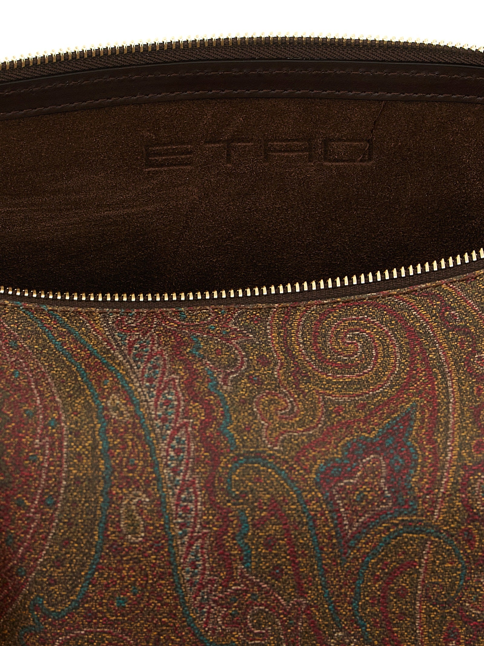 Small Crossbody Handbag by Etro for women in poly cotton & suede calfskin leather bicolour, brown, green, paisley, jacquard & signature features an versatile silhouette, showcasing a secure snap, flap & zipper and versatile with versatile crossbody-strap, shoulder-strap, handle, adjustable-strap & detachable-strap for a versatile finish.