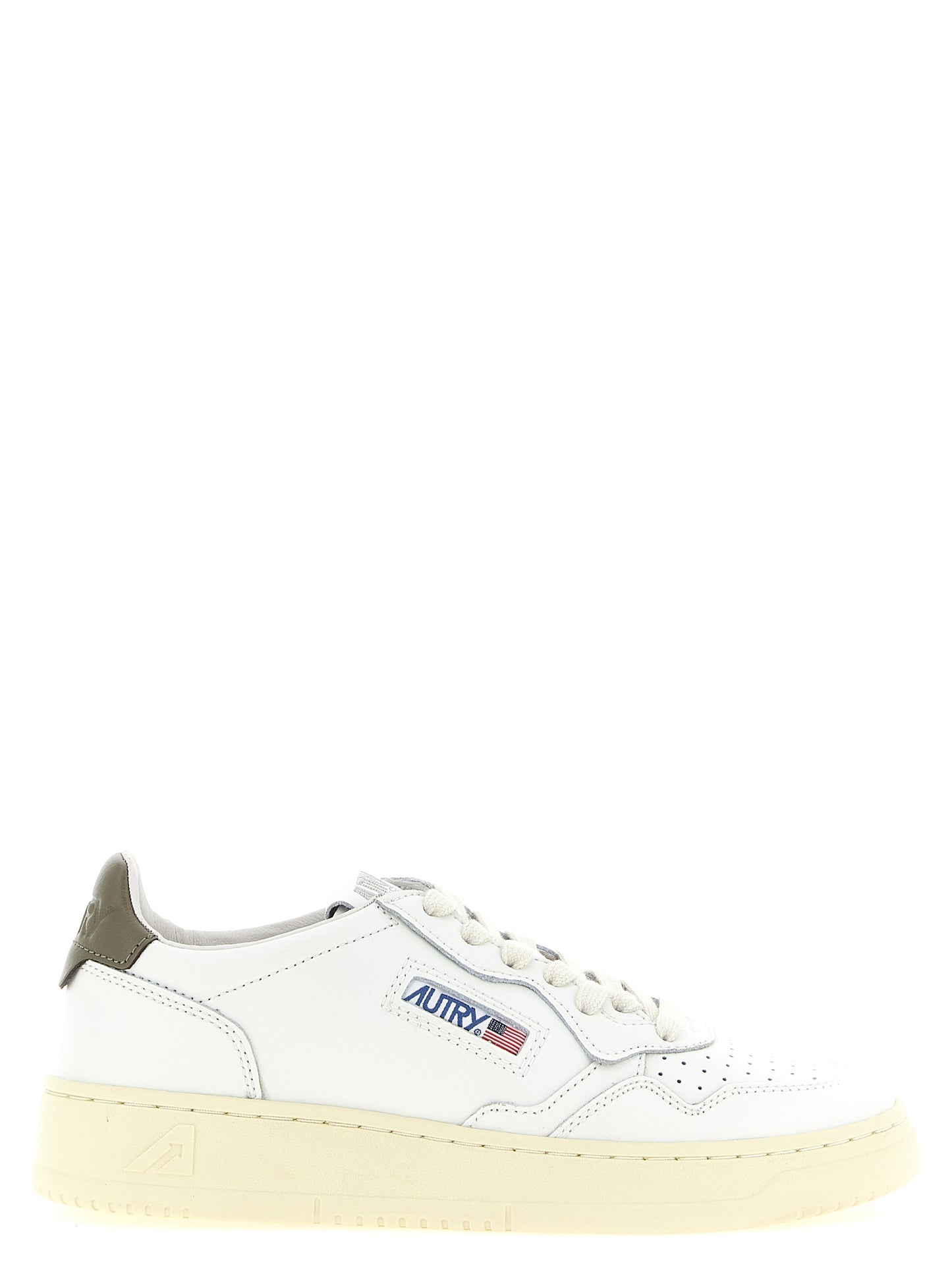 Sneakers by Autry for women in cotton & cowhide leather bicolour, cream, green, white & signature presents a on trend silhouette from the Women's Low Top Cotton & Cowhide Leather Sneakers collection, showcasing a on trend low-top style for an elevated aesthetic.