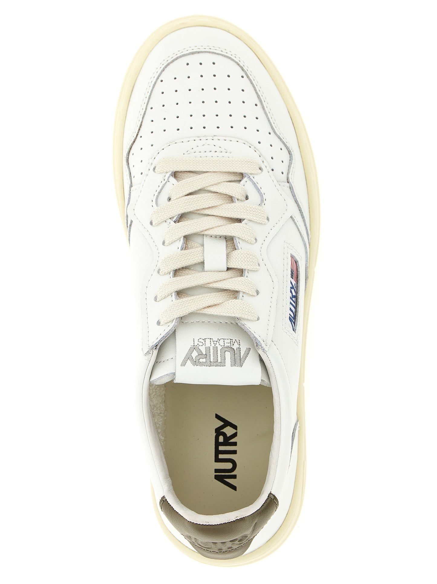 Sneakers by Autry for women in cotton & cowhide leather bicolour, cream, green, white & signature features an fashionable silhouette, showcasing the premium Women's Low Top Cotton & Cowhide Leather Sneakers in a fashionable low-top style that offers a fashionable finish for refined style.