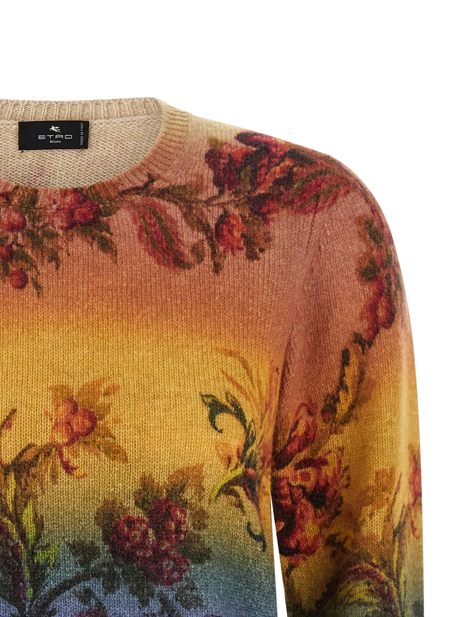 Cardigan by Etro for women in wool multicolor, floral & jacquard presents a textural silhouette, artfully finished with a textural crew neckline and for a sophisticated, textural look.