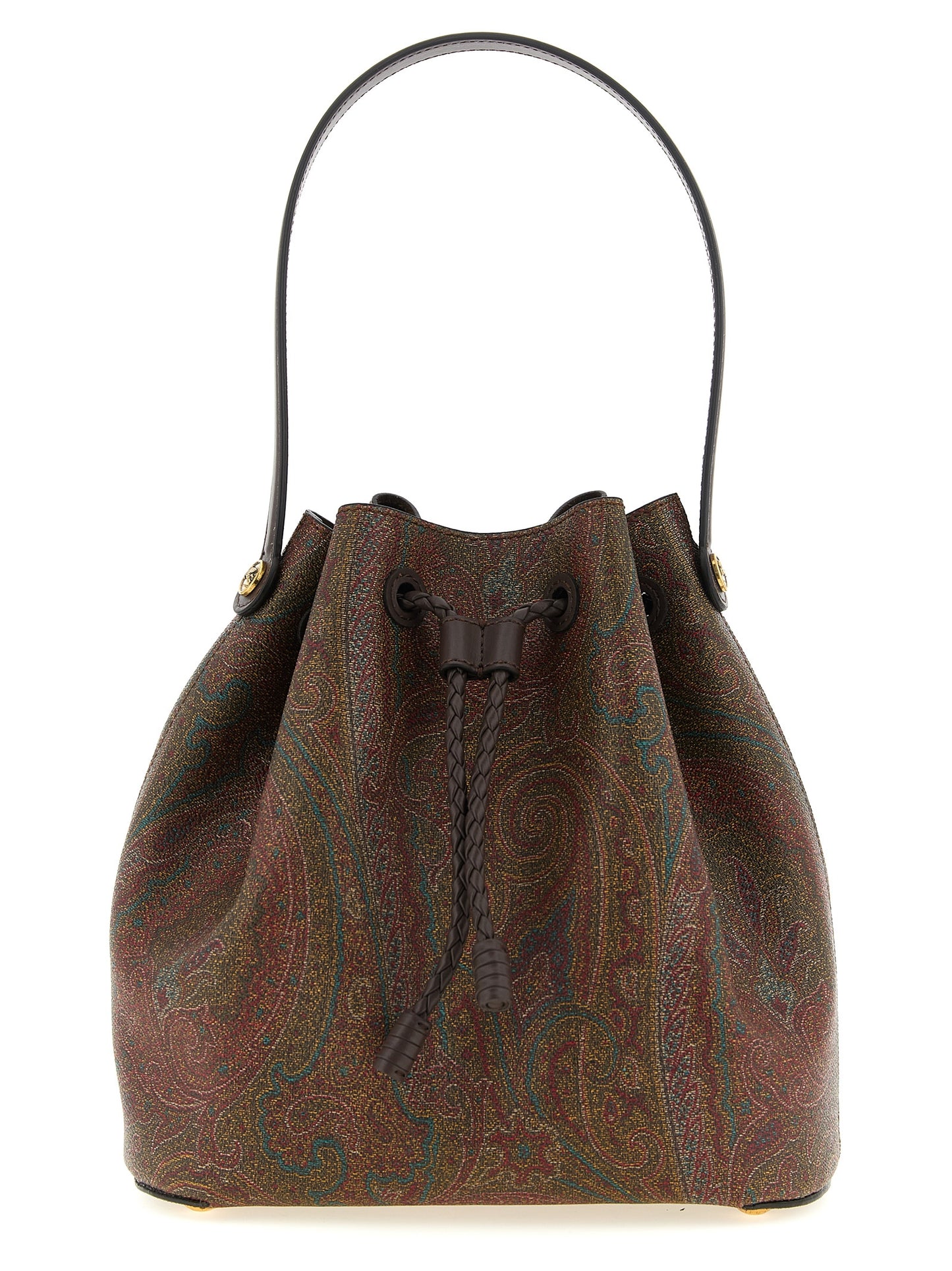 Small Quilted Crossbody Bucket Handbag by Etro for women in poly cotton & calfskin leather bicolour, brown, gold, green, paisley, jacquard & signature presents a ornamental silhouette, showcasing a secure snap & flap, ample , and versatile crossbody-strap, shoulder-strap, adjustable-strap & handle for a ornamental finish.