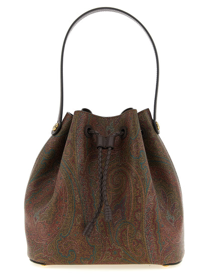 Small Quilted Crossbody Bucket Handbag by Etro for women in poly cotton & calfskin leather bicolour, brown, gold, green, paisley, jacquard & signature presents a ornamental silhouette, showcasing a secure snap & flap, ample , and versatile crossbody-strap, shoulder-strap, adjustable-strap & handle for a ornamental finish.