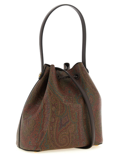 Small Quilted Crossbody Bucket Handbag by Etro for women in poly cotton & calfskin leather bicolour, brown, gold, green, paisley, jacquard & signature features a signature silhouette, showcasing a secure snap & flap and signature with versatile crossbody-strap, shoulder-strap, adjustable-strap & handle for a sophisticated look.