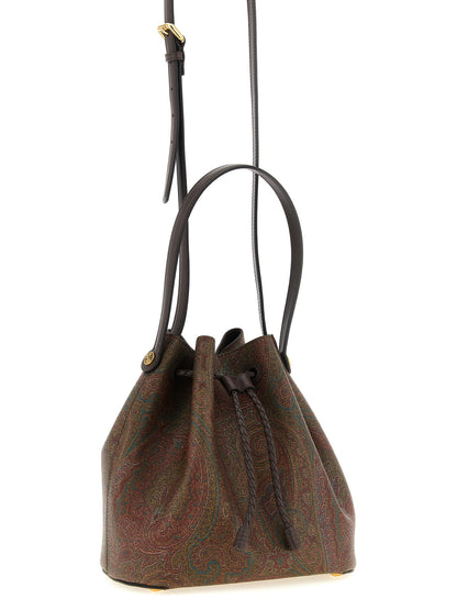 Small Quilted Crossbody Bucket Handbag by Etro for women in poly cotton & calfskin leather bicolour, brown, gold, green, paisley, jacquard & signature features a refined silhouette, showcasing a secure snap & flap, organized , and versatile crossbody-strap, shoulder-strap, adjustable-strap & handle for a refined finish.