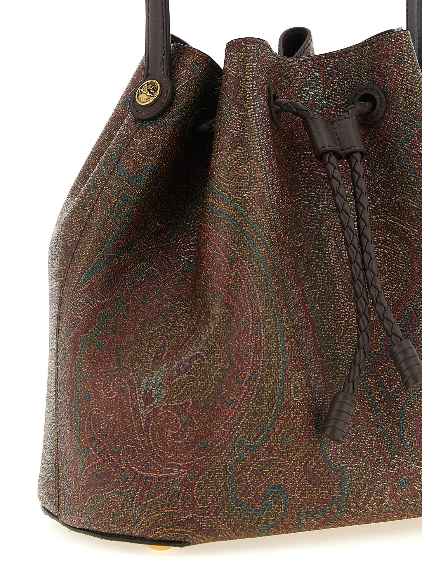 Small Quilted Crossbody Bucket Handbag by Etro for women in poly cotton & calfskin leather bicolour, brown, gold, green, paisley, jacquard & signature features a exquisite silhouette, showcasing a secure snap & flap and exquisite with versatile crossbody-strap, shoulder-strap, adjustable-strap & handle for a exquisite finish.