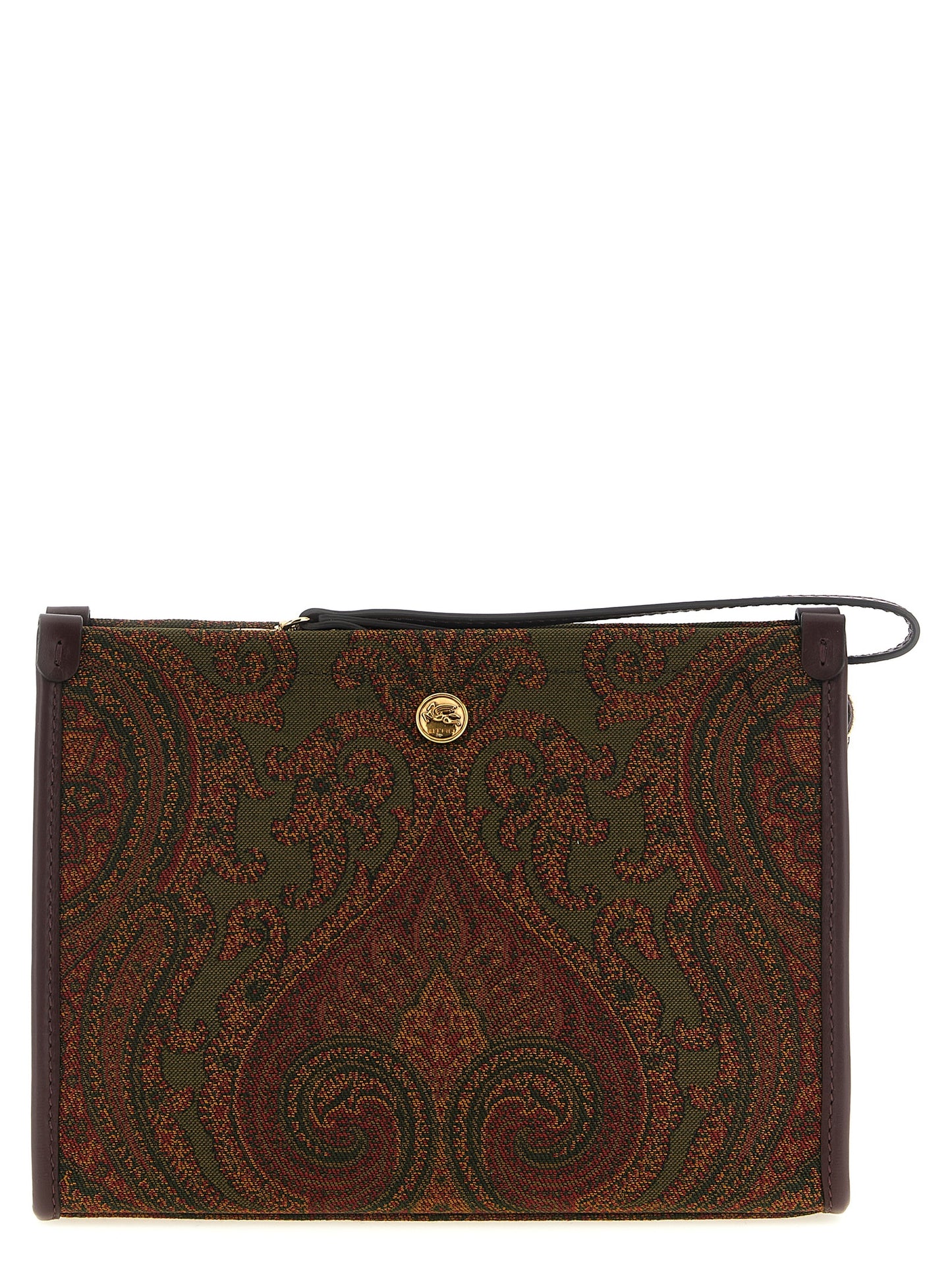 Large Shoulder Flap Clutch Handbag by Etro for women in viscose & calfskin leather bicolour, burgundy, gold, green, multicolor, olive, paisley & jacquard features a statuesque silhouette, showcasing a secure snap, flap & zipper and organized with versatile shoulder-strap, handle, wristlet, adjustable-strap & detachable-strap for statuesque evening wear.