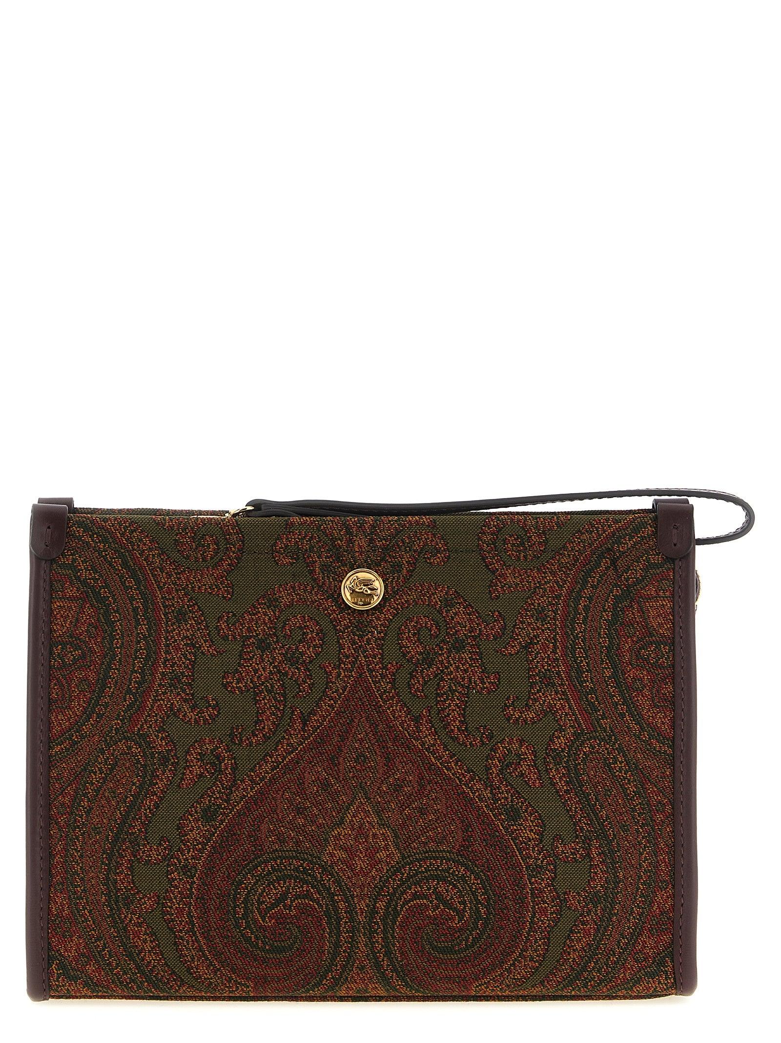 Large Shoulder Flap Clutch Handbag by Etro for women in viscose & calfskin leather bicolour, burgundy, gold, green, multicolor, olive, paisley & jacquard features a statuesque silhouette, showcasing a secure snap, flap & zipper and organized with versatile shoulder-strap, handle, wristlet, adjustable-strap & detachable-strap for statuesque evening wear.