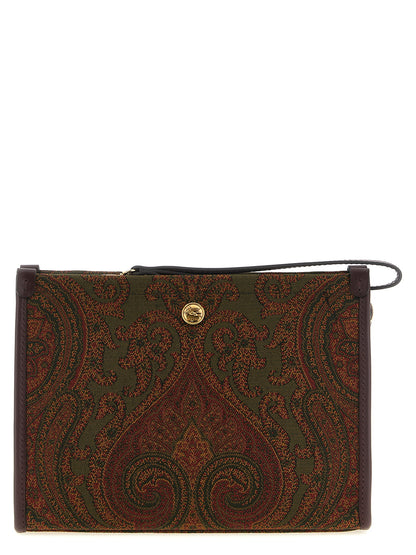 Large Shoulder Flap Clutch Handbag by Etro for women in viscose & calfskin leather bicolour, burgundy, gold, green, multicolor, olive, paisley & jacquard features a statuesque silhouette, showcasing a secure snap, flap & zipper and organized with versatile shoulder-strap, handle, wristlet, adjustable-strap & detachable-strap for statuesque evening wear.
