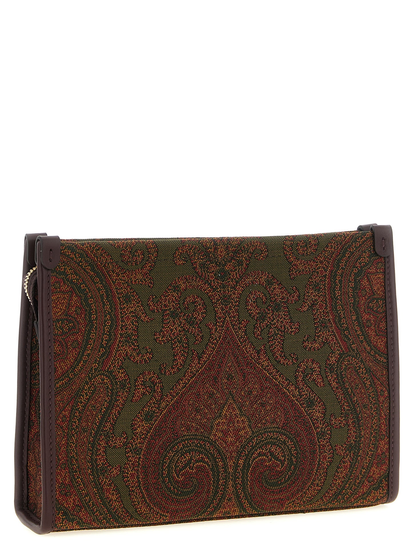 Large Shoulder Flap Clutch Handbag by Etro for women in viscose & calfskin leather bicolour, burgundy, gold, green, multicolor, olive, paisley & jacquard features a sculptural silhouette with a secure snap, flap & zipper, ample , and versatile shoulder-strap, handle, wristlet, adjustable-strap & detachable-strap for a sculptural finish.