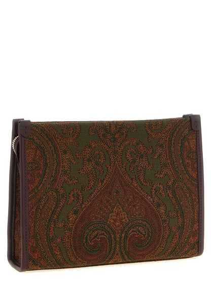 Large Shoulder Flap Clutch Handbag by Etro for women in viscose & calfskin leather bicolour, burgundy, gold, green, multicolor, olive, paisley & jacquard features a sculptural silhouette with a secure snap, flap & zipper, ample , and versatile shoulder-strap, handle, wristlet, adjustable-strap & detachable-strap for a sculptural finish.