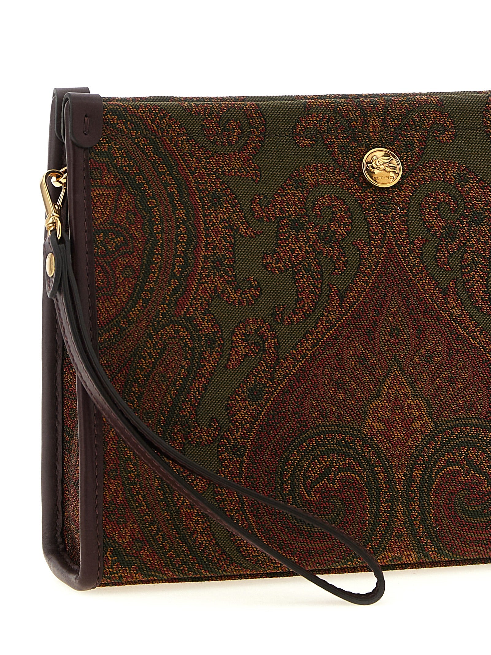 Large Shoulder Flap Clutch Handbag by Etro for women in viscose & calfskin leather bicolour, burgundy, gold, green, multicolor, olive, paisley & jacquard features a sculptural silhouette with a secure snap, flap & zipper, organized , and versatile shoulder-strap, handle, wristlet, adjustable-strap & detachable-strap for a sculptural finish.