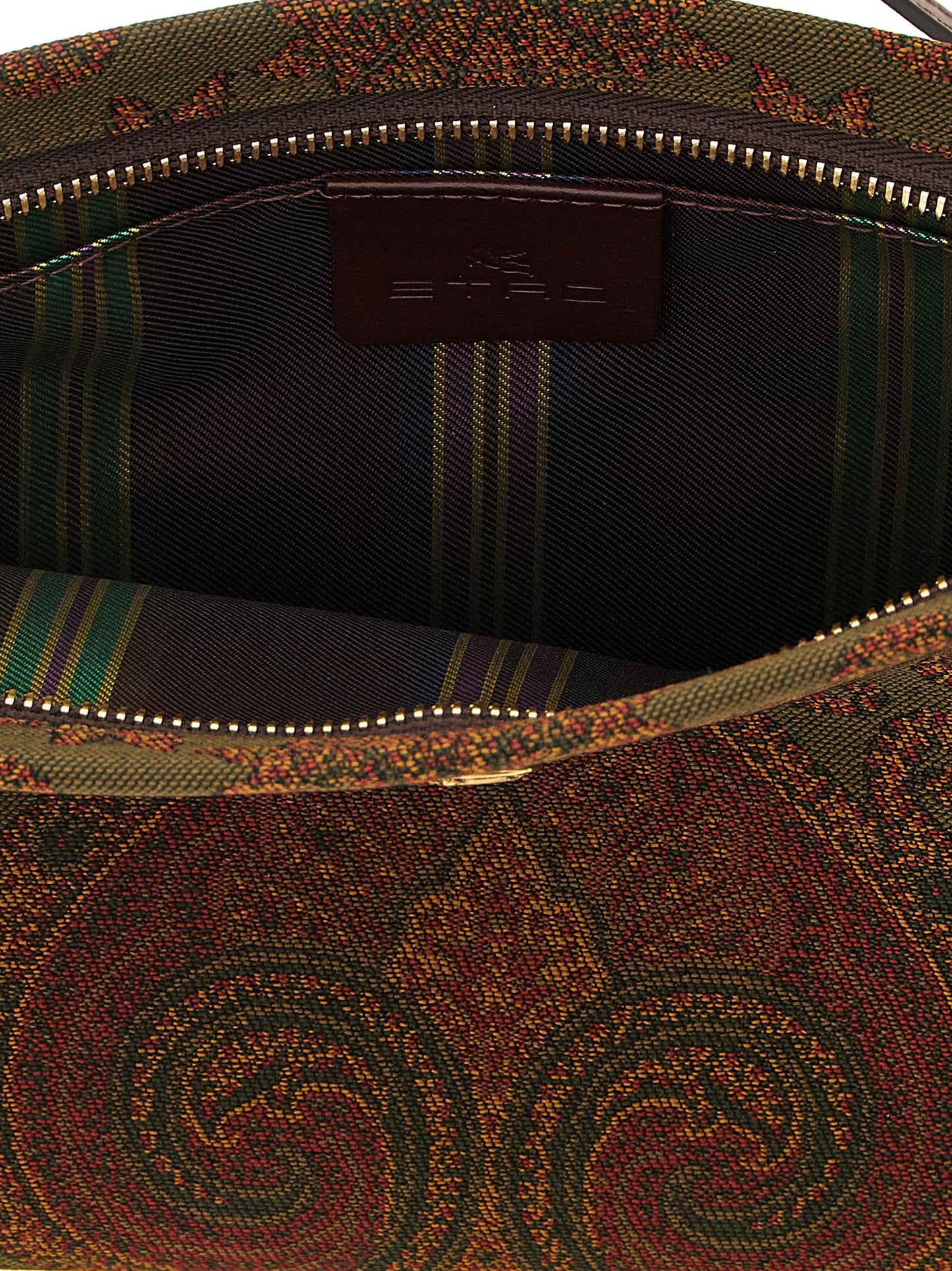 Large Shoulder Flap Clutch Handbag by Etro for women in viscose & calfskin leather bicolour, burgundy, gold, green, multicolor, olive, paisley & jacquard features a statuesque silhouette, showcasing a secure snap, flap & zipper and organized with versatile shoulder-strap, handle, wristlet, adjustable-strap & detachable-strap for statuesque evening wear.