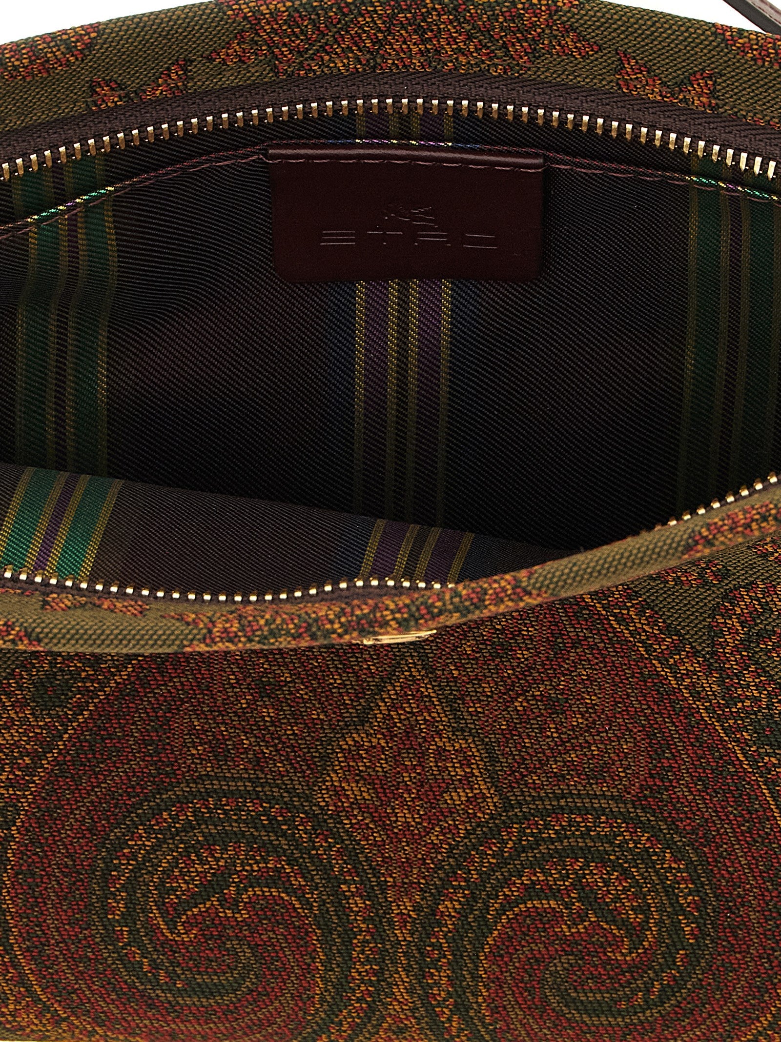 Large Shoulder Flap Clutch Handbag by Etro for women in viscose & calfskin leather bicolour, burgundy, gold, green, multicolor, olive, paisley & jacquard features a statuesque silhouette, showcasing a secure snap, flap & zipper and organized with versatile shoulder-strap, handle, wristlet, adjustable-strap & detachable-strap for statuesque evening wear.