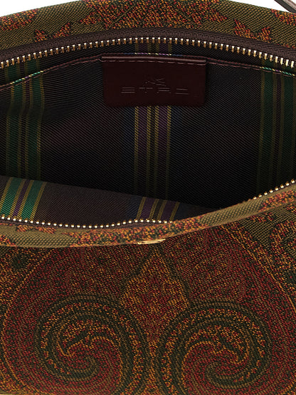 Large Shoulder Flap Clutch Handbag by Etro for women in viscose & calfskin leather bicolour, burgundy, gold, green, multicolor, olive, paisley & jacquard features a statuesque silhouette, showcasing a secure snap, flap & zipper and organized with versatile shoulder-strap, handle, wristlet, adjustable-strap & detachable-strap for statuesque evening wear.