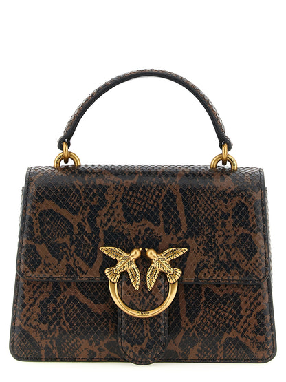 Mini Crossbody Flap Handbag by PINKO for women in bos taurus calfskin & python leather bicolour, brown, gold, green, signature & print features a exquisite silhouette, showcasing a secure snap, flap & buckle and exquisite with versatile crossbody-strap, shoulder-strap, handle, adjustable-strap & detachable-strap for a exquisite finish.