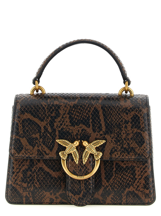 Mini Crossbody Flap Handbag by PINKO for women in bos taurus calfskin & python leather bicolour, brown, gold, green, signature & print features a exquisite silhouette, showcasing a secure snap, flap & buckle and exquisite with versatile crossbody-strap, shoulder-strap, handle, adjustable-strap & detachable-strap for a exquisite finish.
