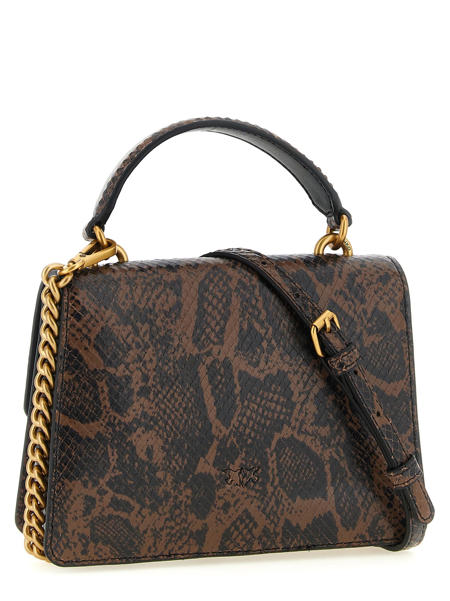 Mini Crossbody Flap Handbag by PINKO for women in bos taurus calfskin & python leather bicolour, brown, gold, green, signature & print presents a ornamental silhouette, showcasing a secure snap, flap & buckle, ample , and versatile crossbody-strap, shoulder-strap, handle, adjustable-strap & detachable-strap for a ornamental finish.