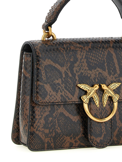 Mini Crossbody Flap Handbag by PINKO for women in bos taurus calfskin & python leather bicolour, brown, gold, green, signature & print features an refined silhouette, showcasing a secure snap, flap & buckle, ample , and versatile crossbody-strap, shoulder-strap, handle, adjustable-strap & detachable-strap for a sophisticated refined aesthetic.