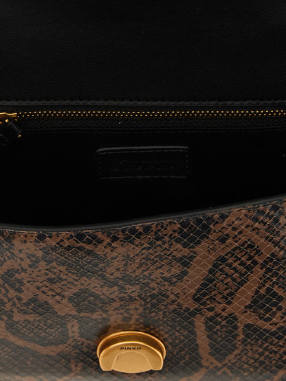 This Mini Crossbody Flap Handbag by PINKO for women in bos taurus calfskin & python leather and bicolour, brown, gold, green, signature & print presents a sculptural silhouette featuring a secure snap, flap & buckle, ample , and versatile crossbody-strap, shoulder-strap, handle, adjustable-strap & detachable-strap for a sculptural finish.
