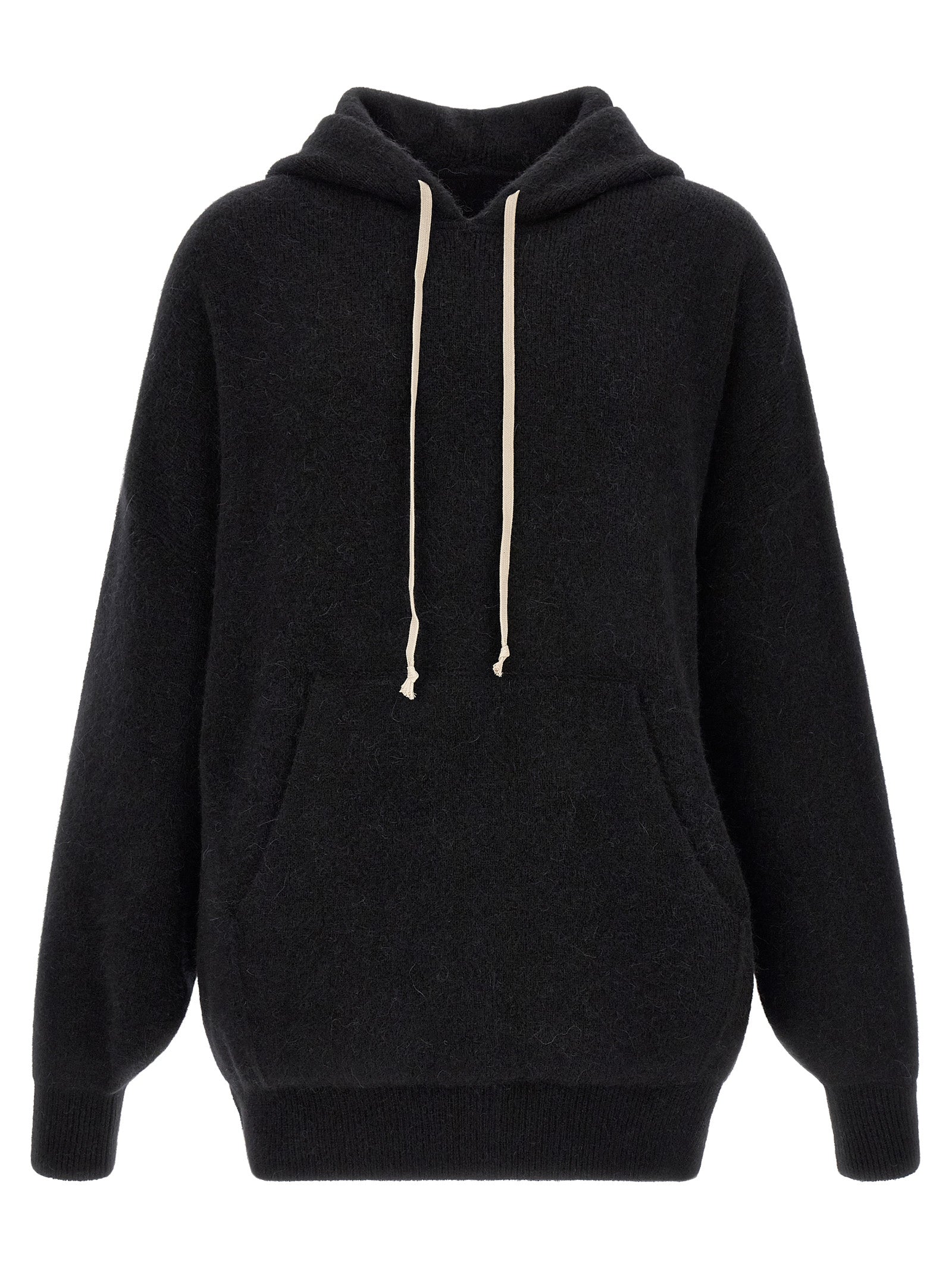 Sweatshirt Hoodie by Rick Owens for men in angora marabou & nylon black features a authentic silhouette, showcasing a sophisticated hooded neckline and authentic detail for a refined finish.
