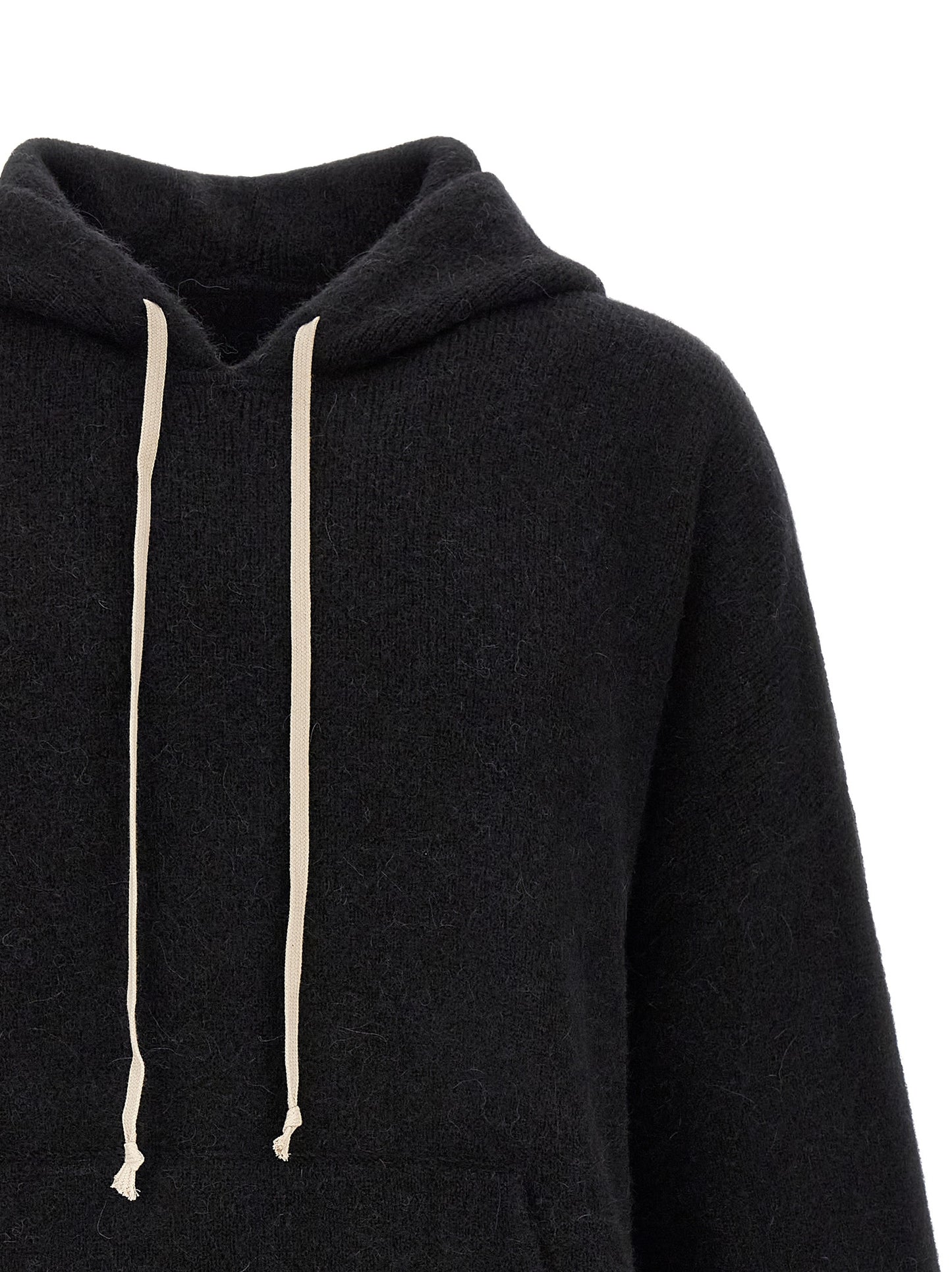 Sweatshirt Hoodie by Rick Owens for men in angora marabou & nylon black features a slouchy chic silhouette, detailed with a slouchy chic and a signature hooded neckline for an elevated aesthetic.