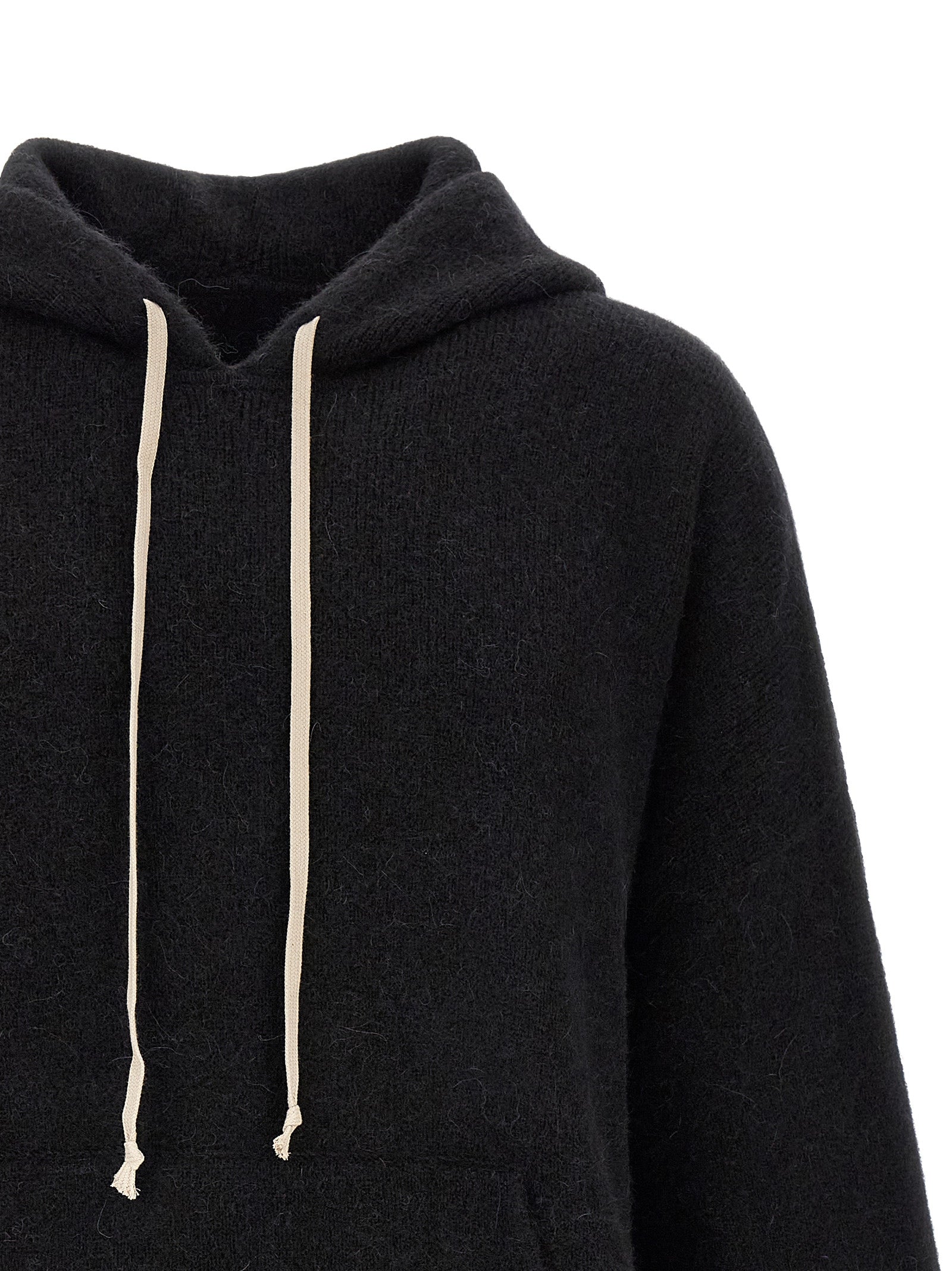 Sweatshirt Hoodie by Rick Owens for men in angora marabou & nylon black features a slouchy chic silhouette, detailed with a slouchy chic and a signature hooded neckline for an elevated aesthetic.