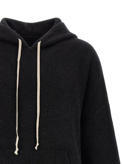 Sweatshirt Hoodie by Rick Owens for men in angora marabou & nylon black features a slouchy chic silhouette, detailed with a slouchy chic and a signature hooded neckline for an elevated aesthetic.