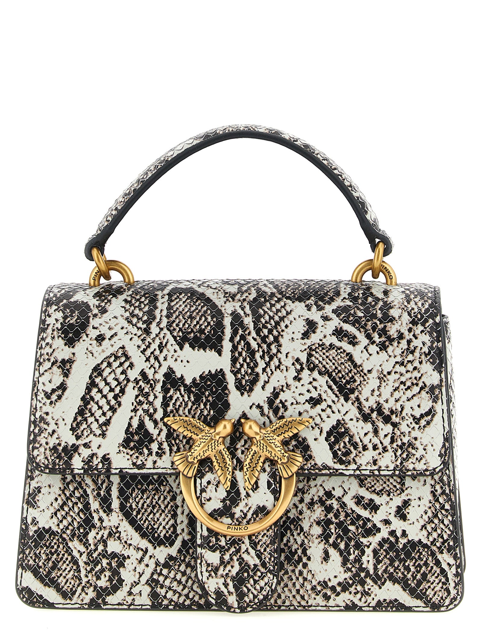 This Evening Handbag by PINKO for women in bos taurus calfskin & python leather and bicolour, gray, gold, green & print presents a sculptural silhouette featuring a secure snap, flap & buckle, ample , and versatile shoulder-strap, handle & adjustable-strap for a sculptural finish.