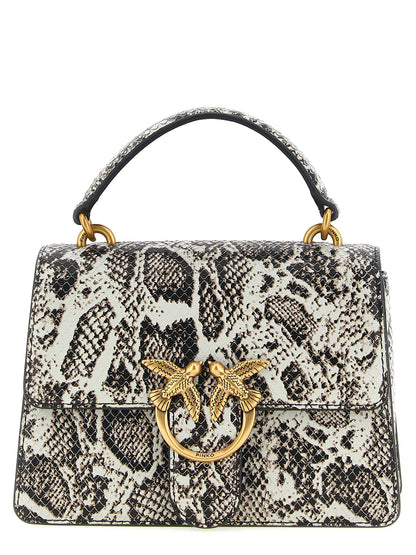 This Evening Handbag by PINKO for women in bos taurus calfskin & python leather and bicolour, gray, gold, green & print presents a sculptural silhouette featuring a secure snap, flap & buckle, ample , and versatile shoulder-strap, handle & adjustable-strap for a sculptural finish.