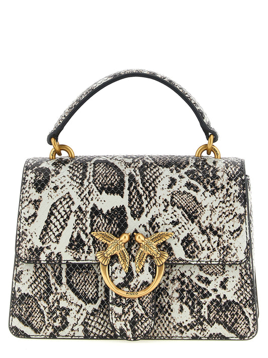 This Evening Handbag by PINKO for women in bos taurus calfskin & python leather and bicolour, gray, gold, green & print presents a sculptural silhouette featuring a secure snap, flap & buckle, ample , and versatile shoulder-strap, handle & adjustable-strap for a sculptural finish.