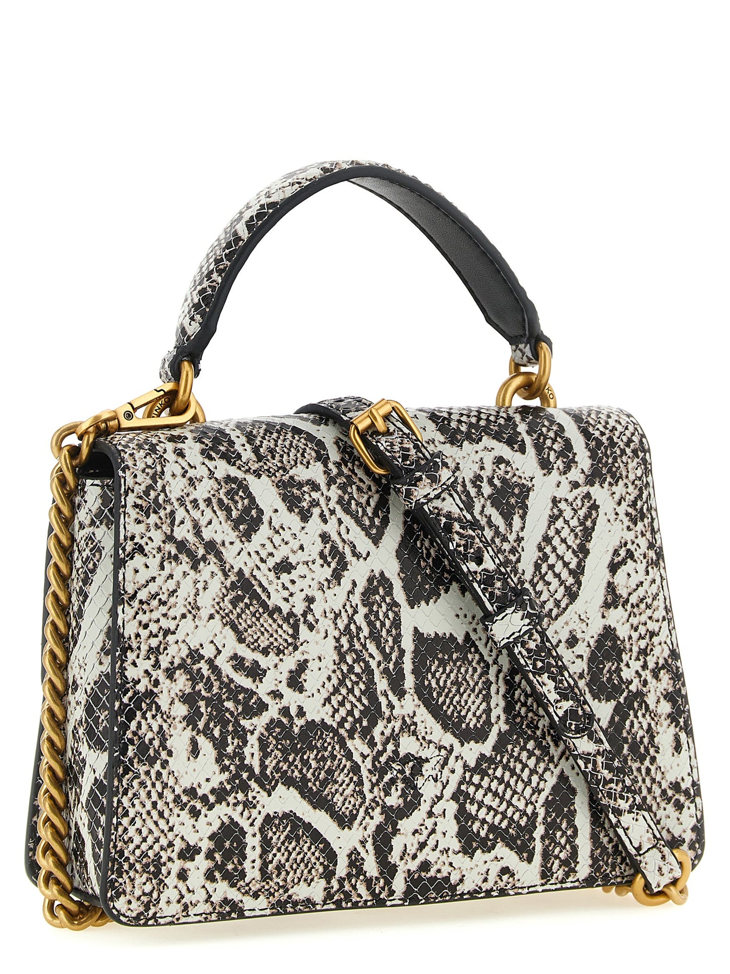 Evening Handbag by PINKO for women in bos taurus calfskin & python leather bicolour, gray, gold, green & print presents a ornamental silhouette, showcasing a secure snap, flap & buckle, ample , and versatile shoulder-strap, handle & adjustable-strap for a ornamental finish.