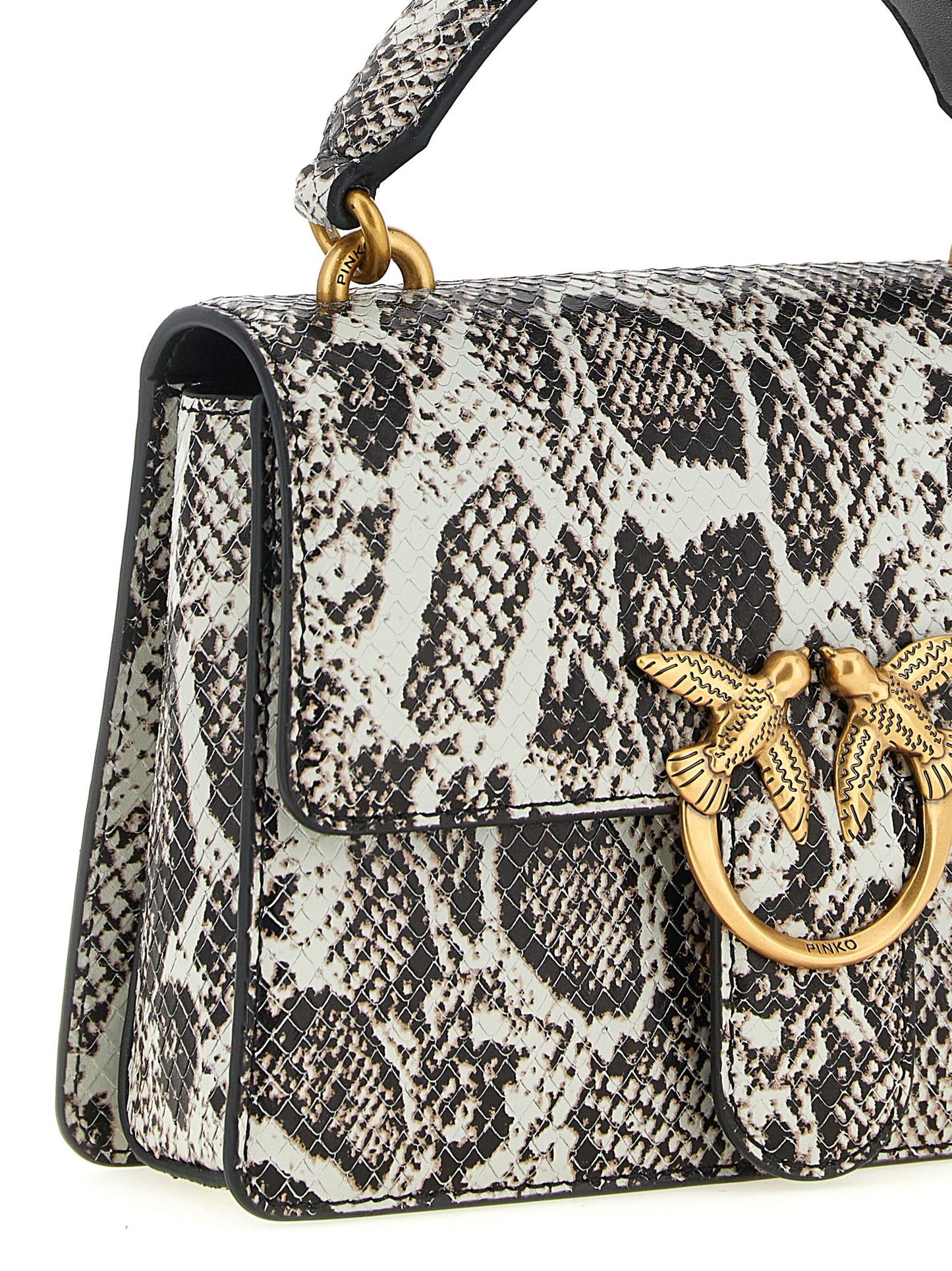 Evening Handbag by PINKO for women in bos taurus calfskin & python leather bicolour, gray, gold, green & print features a contemporary silhouette, showcasing a secure snap, flap & buckle, ample , and contemporary shoulder-strap, handle & adjustable-strap for a sophisticated look.