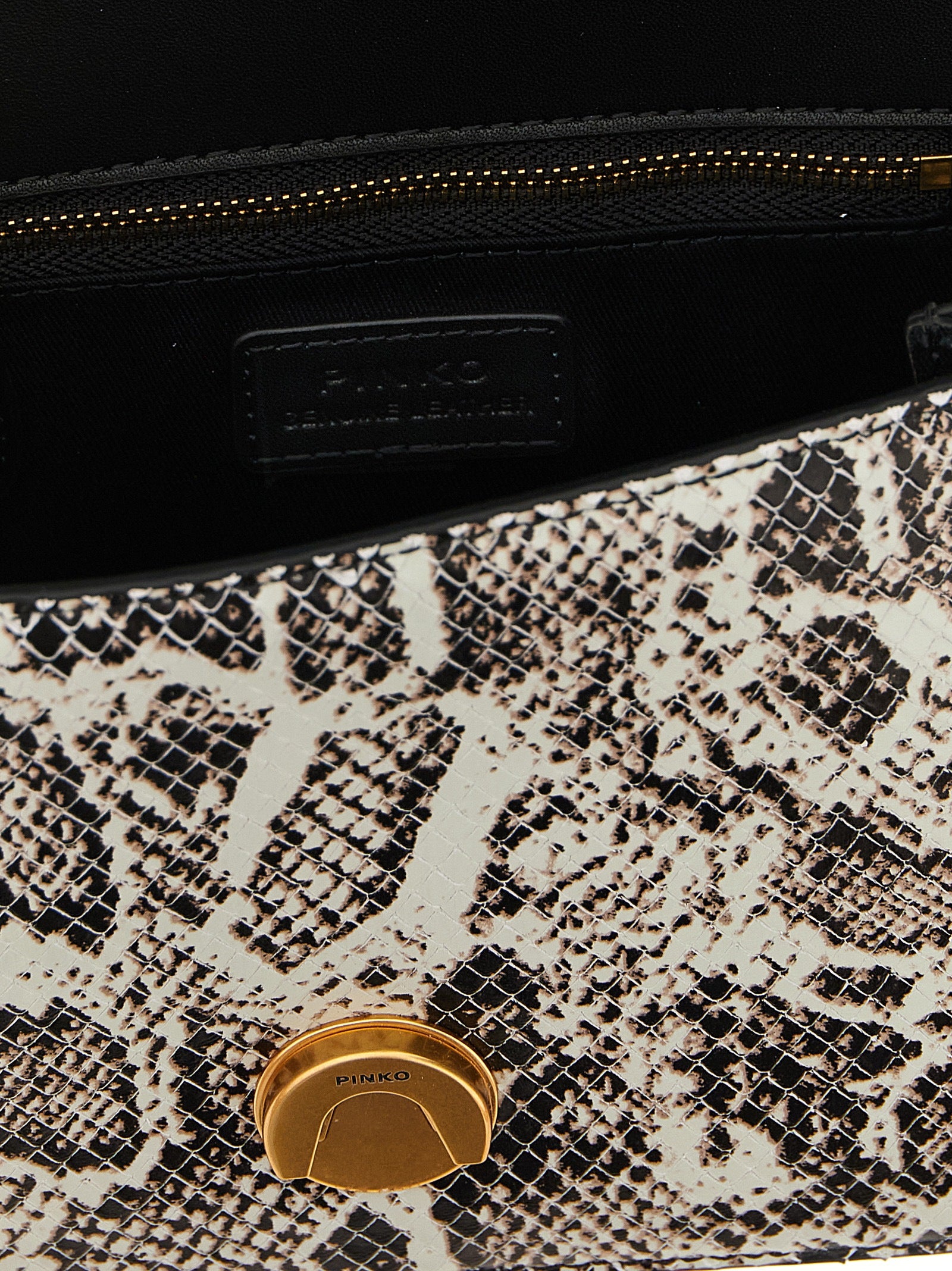 Evening Handbag by PINKO for women in bos taurus calfskin & python leather bicolour, gray, gold, green & print features a signature silhouette, showcasing a secure snap, flap & buckle and signature with versatile shoulder-strap, handle & adjustable-strap for a sophisticated look.