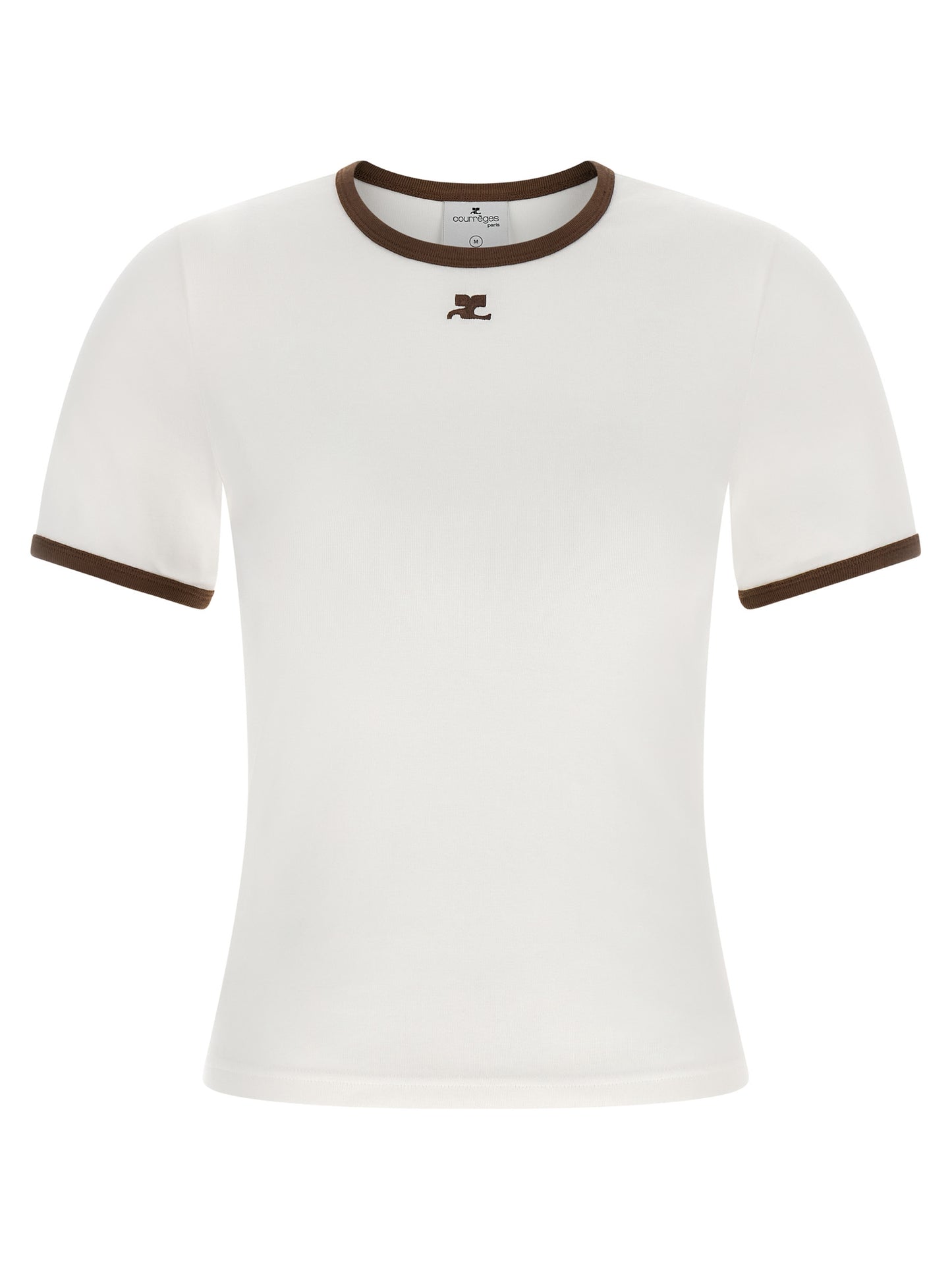 T-Shirt by Courrèges for women in cotton canvas & acetate brown, white & signature features an on trend silhouette, perfectly showcasing a on trend and crew neckline for an elevated aesthetic.