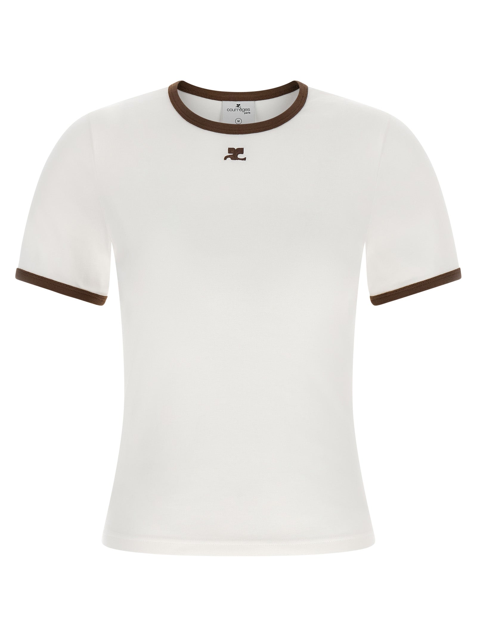T-Shirt by Courrèges for women in cotton canvas & acetate brown, white & signature features an on trend silhouette, perfectly showcasing a on trend and crew neckline for an elevated aesthetic.