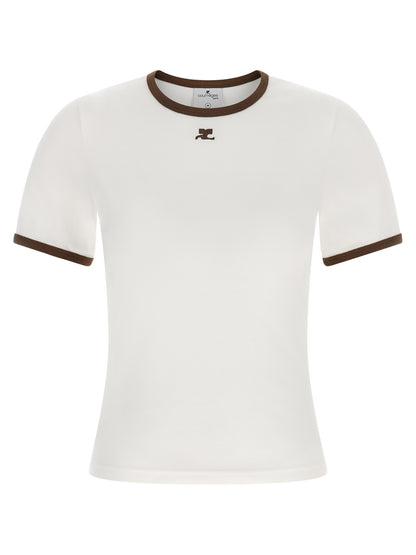 T-Shirt by Courrèges for women in cotton canvas & acetate brown, white & signature features an on trend silhouette, perfectly showcasing a on trend and crew neckline for an elevated aesthetic.