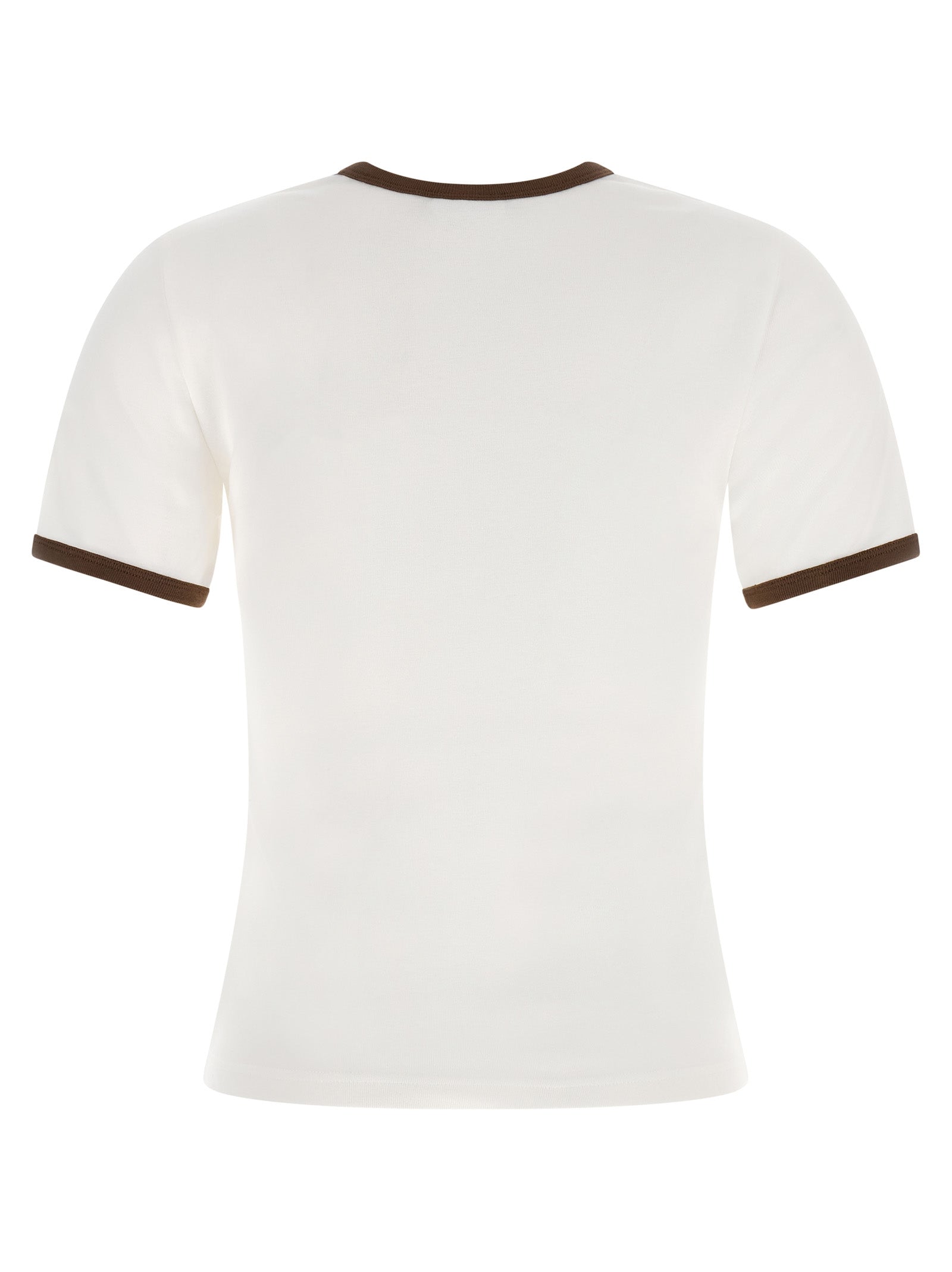 T-Shirt by Courrèges for women in cotton canvas & acetate brown, white & signature showcases a unassuming silhouette, artfully detailed with a refined crew neckline and unassuming for a sophisticated, contemporary look.