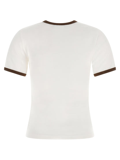 T-Shirt by Courrèges for women in cotton canvas & acetate brown, white & signature showcases a unassuming silhouette, artfully detailed with a refined crew neckline and unassuming for a sophisticated, contemporary look.