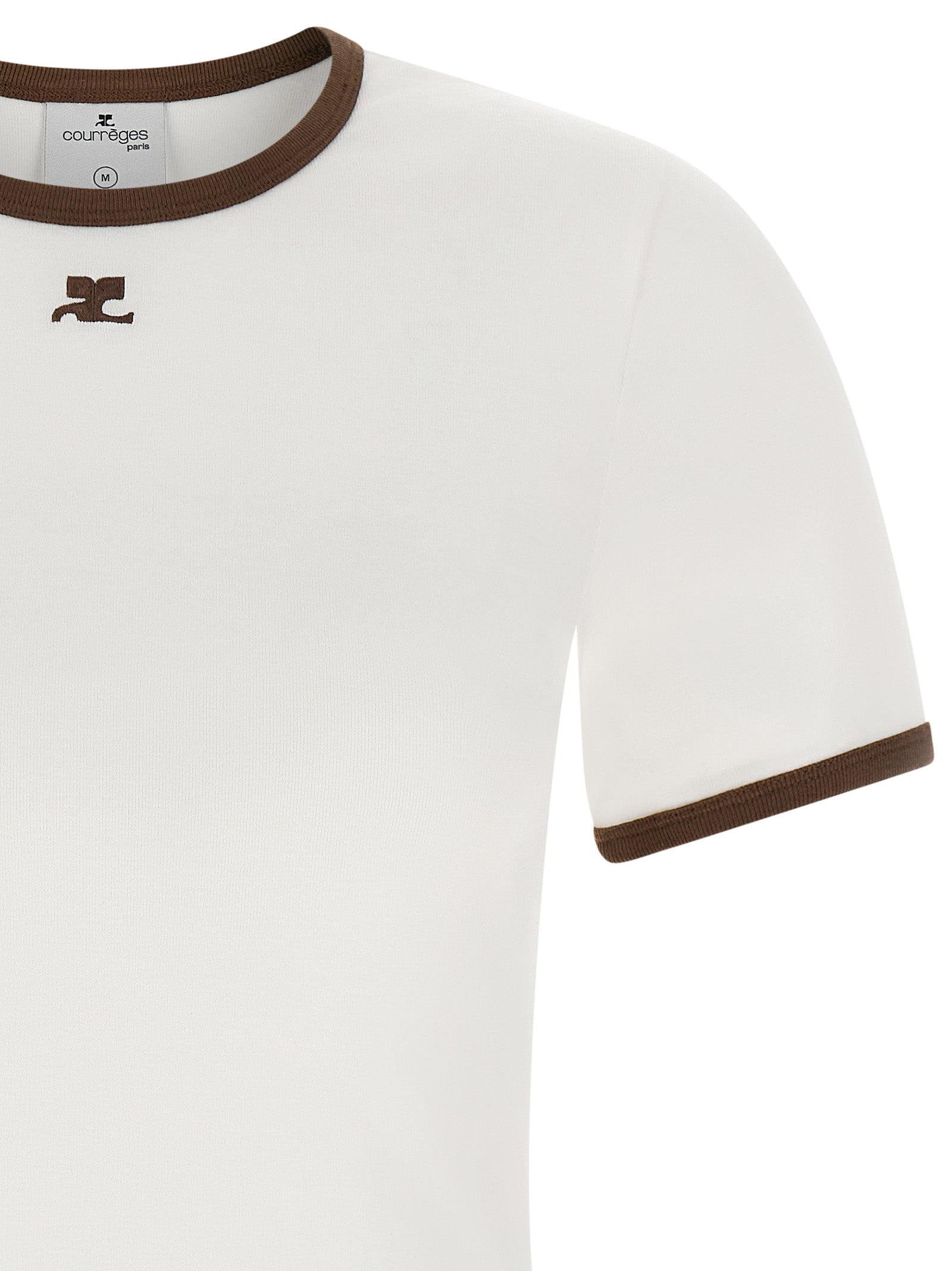 T-Shirt by Courrèges for women in cotton canvas & acetate brown, white & signature features a plush silhouette, showcasing a sophisticated and for a truly plush finish.