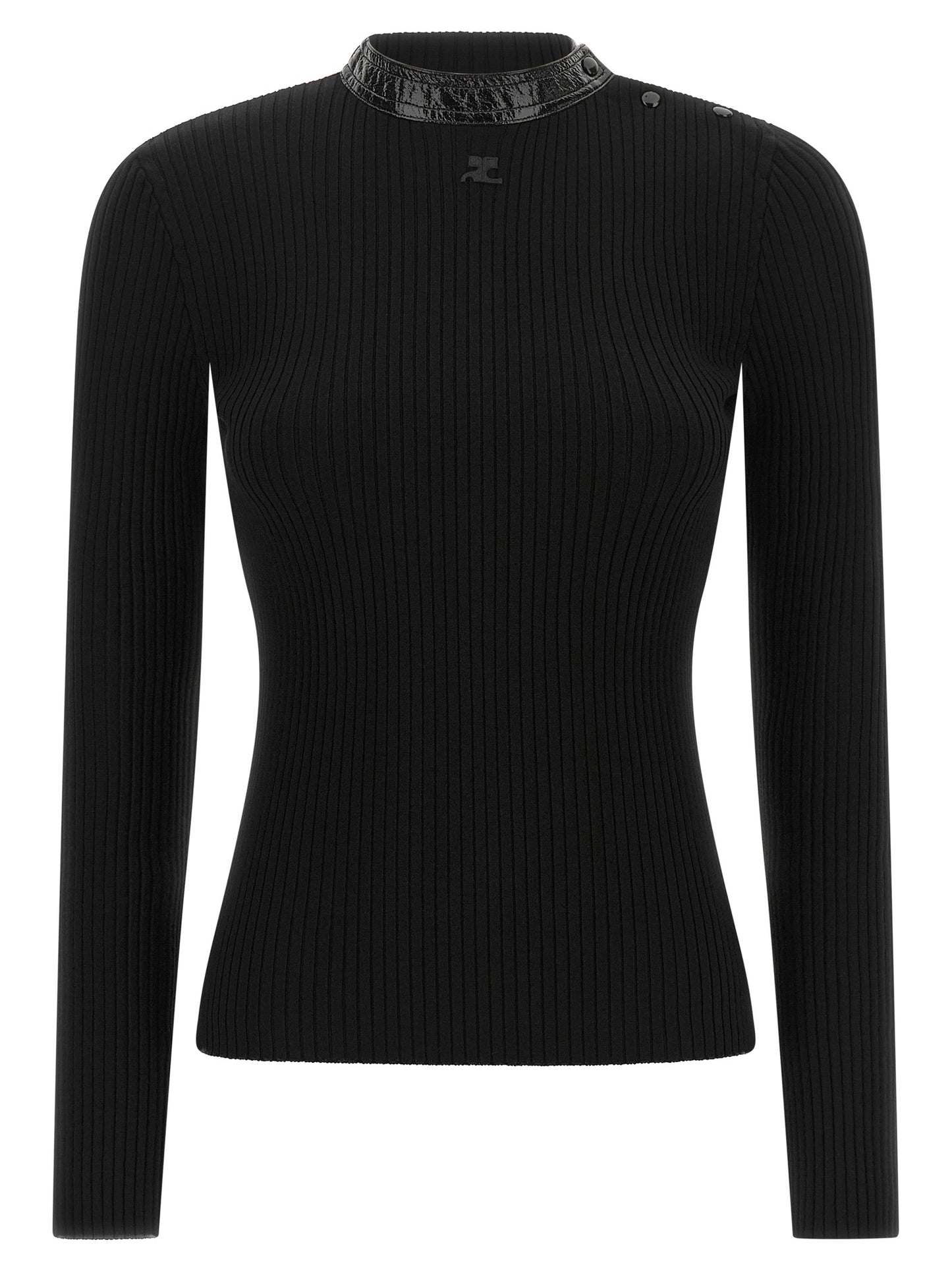 Cardigan by Courrèges for women in acetate vinyl & viscose black showcases a captivating silhouette, artfully detailed with a captivating and high-collar neckline for a truly sophisticated captivating look.