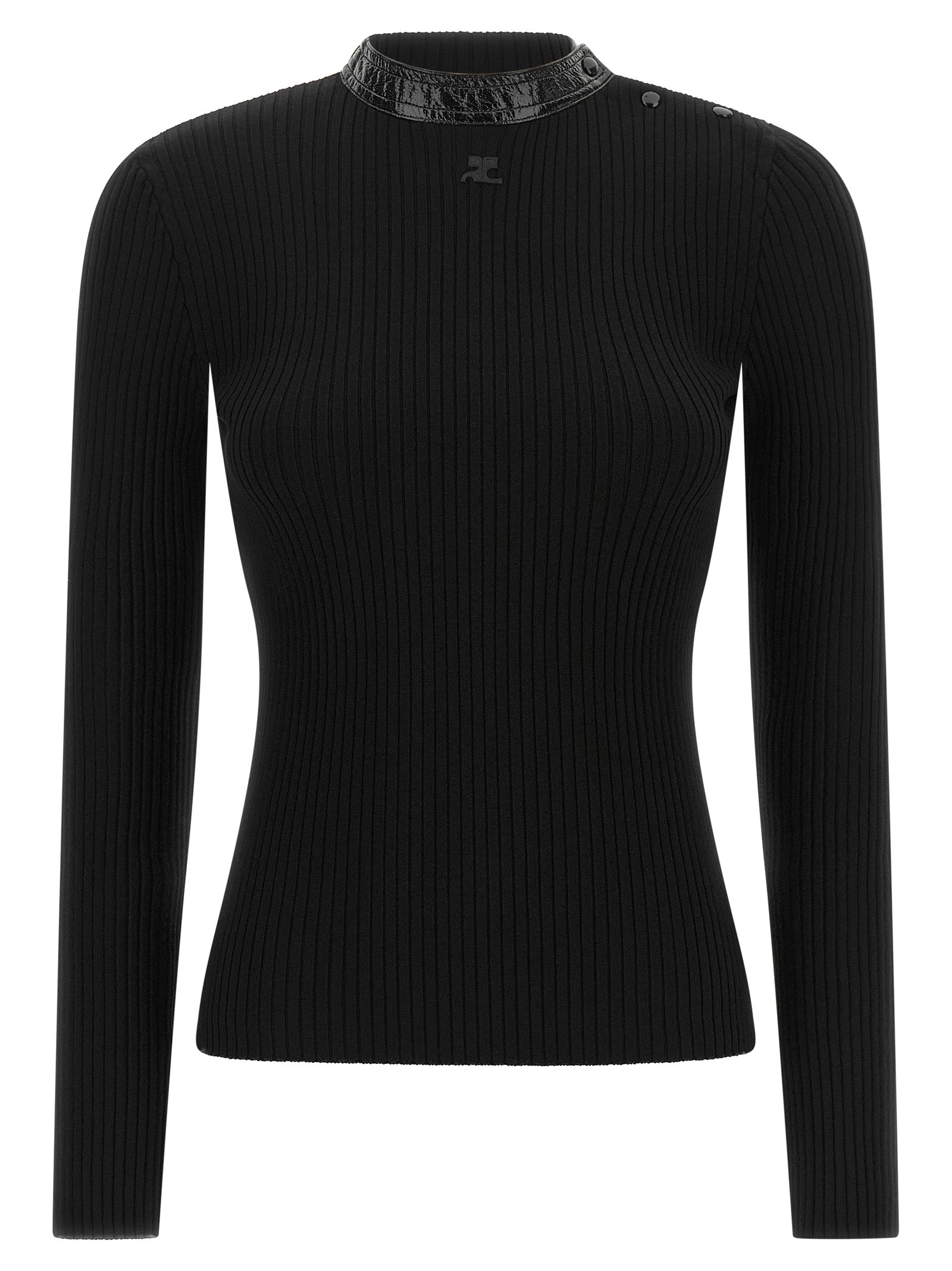 Cardigan by Courrèges for women in acetate vinyl & viscose black showcases a captivating silhouette, artfully detailed with a captivating and high-collar neckline for a truly sophisticated captivating look.