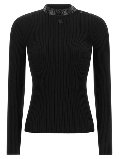 Cardigan by Courrèges for women in acetate vinyl & viscose black showcases a captivating silhouette, artfully detailed with a captivating and high-collar neckline for a truly sophisticated captivating look.