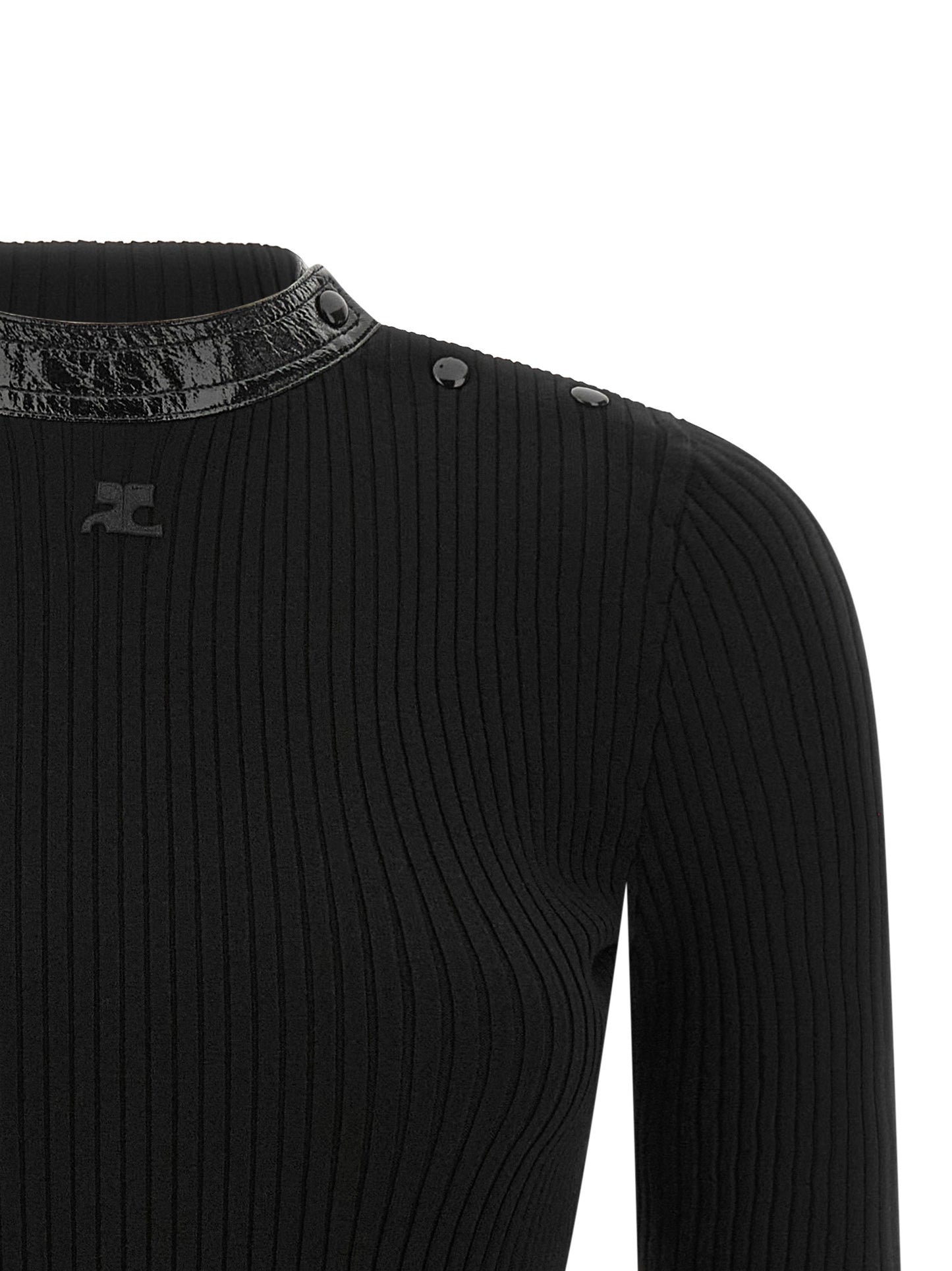 Cardigan by Courrèges for women in acetate vinyl & viscose black features an impeccable silhouette, showcasing a sophisticated high-collar neckline and detail for a truly impeccable finish.
