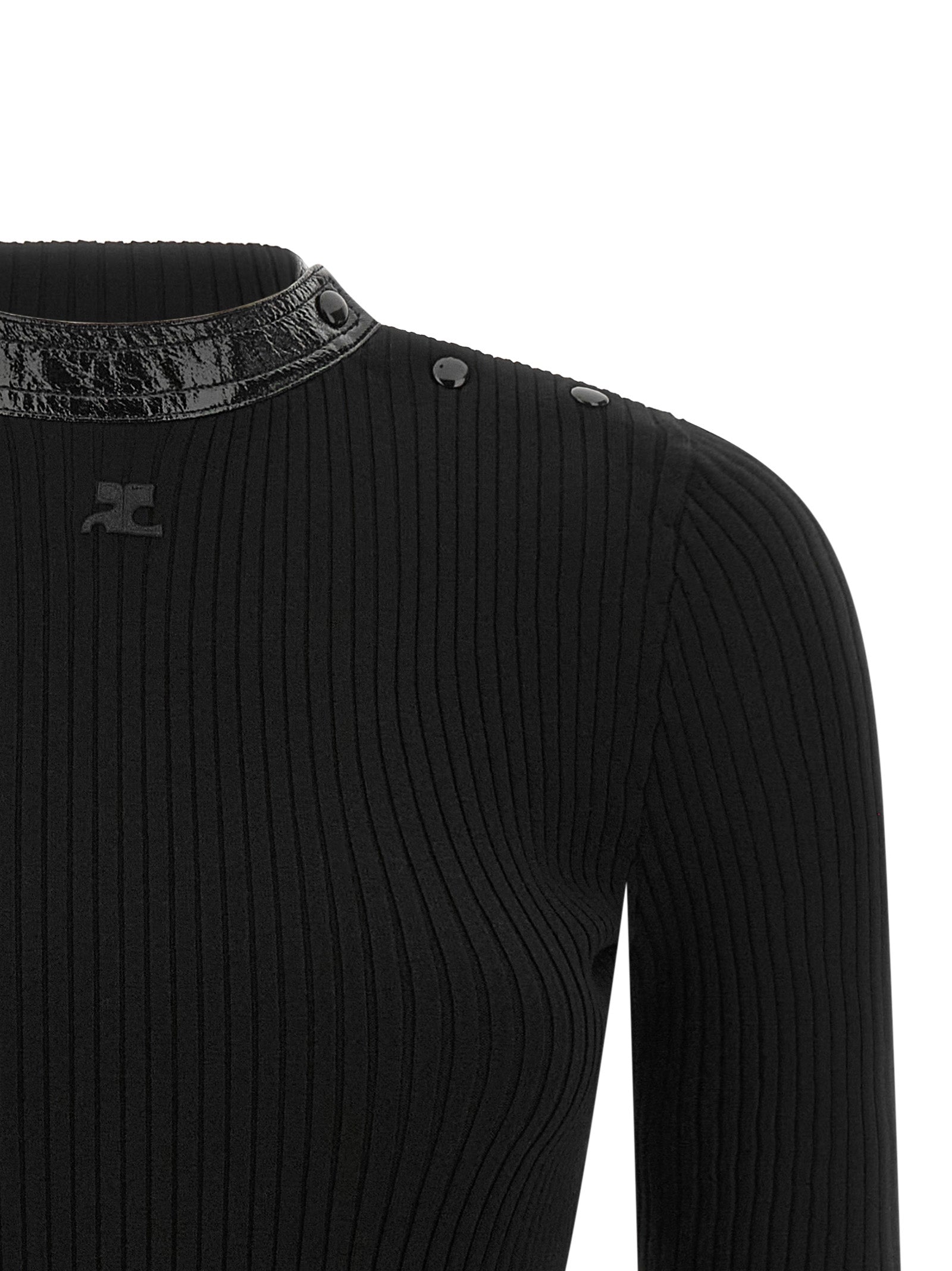 Cardigan by Courrèges for women in acetate vinyl & viscose black features an impeccable silhouette, showcasing a sophisticated high-collar neckline and detail for a truly impeccable finish.