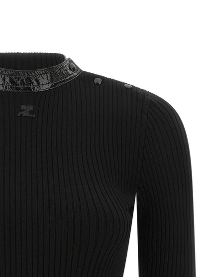 Cardigan by Courrèges for women in acetate vinyl & viscose black features an impeccable silhouette, showcasing a sophisticated high-collar neckline and detail for a truly impeccable finish.