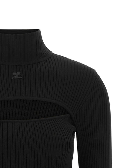 Cardigan by Courrèges for women in acetate & stretch viscose black features a dramatic silhouette, showcasing a sophisticated high-neck neckline and dramatic detail for a timeless, premium look.