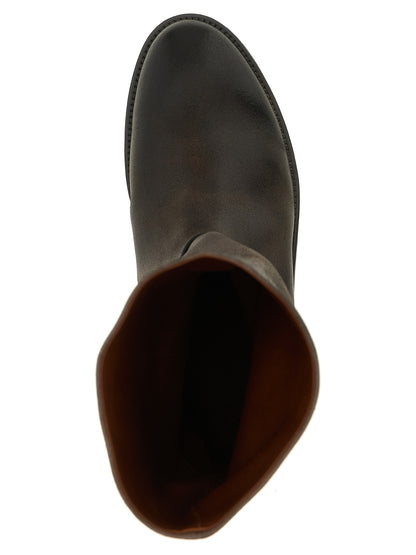 Ankle Over-The-Knee Boots by Marsell for women in calfskin leather brown features an avant-garde Women's Calfskin Leather Ankle Over-The-Knee Boots silhouette, defined by a sophisticated block-heel and a avant-garde round toe style.