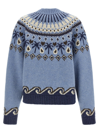 Cardigan by Alanui for women in virgin wool light-blue, patterned & jacquard showcases a captivating silhouette, artfully detailed with a captivating and for a truly sophisticated captivating look.
