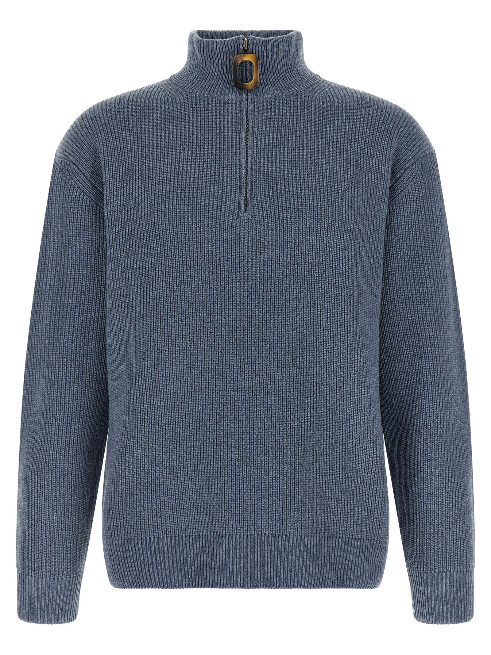 Cardigan by J.W.Anderson for men in cotton & wool blue, horn & signature showcases a captivating silhouette, artfully detailed with a captivating and high-neck neckline for a truly sophisticated captivating look.