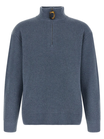 Cardigan by J.W.Anderson for men in cotton & wool blue, horn & signature showcases a captivating silhouette, artfully detailed with a captivating and high-neck neckline for a truly sophisticated captivating look.